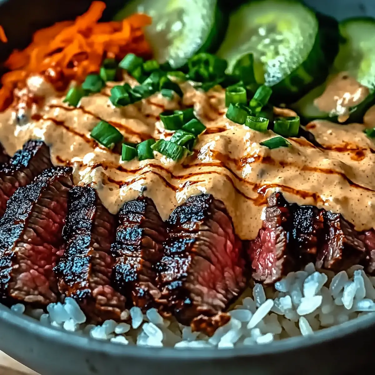 BBQ Steak Rice Bowls with Spicy Cream Sauce